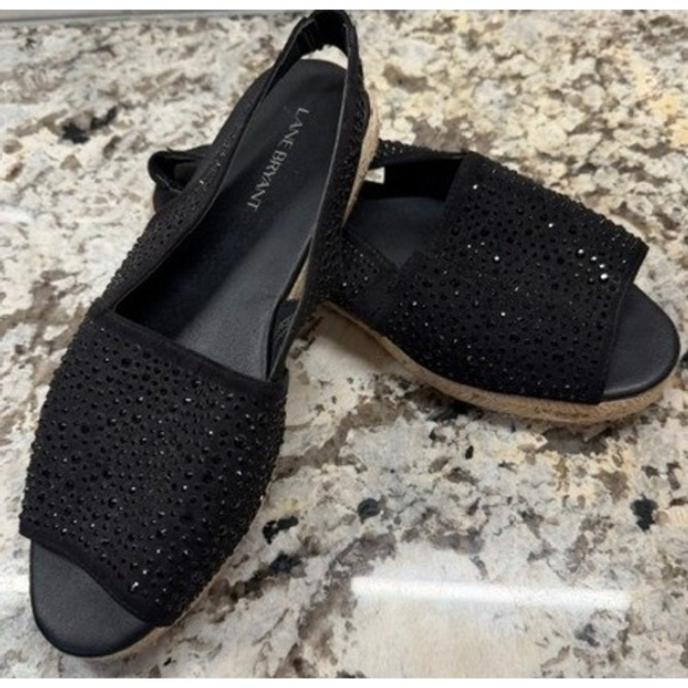 Lane Bryant Womens 9W Black Rhinestone Espadrille Slingback Peep Toe Flat Sandal